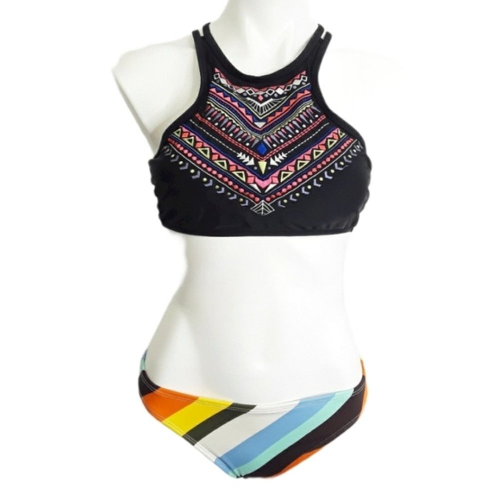 OP Hi Neck Halter Boho Strappy Back Bikini Top EUC sz L - Picture 2 of 6